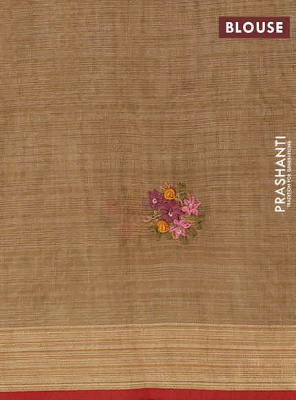 Mustard Yellow & Red Linen Saree - Embroidery