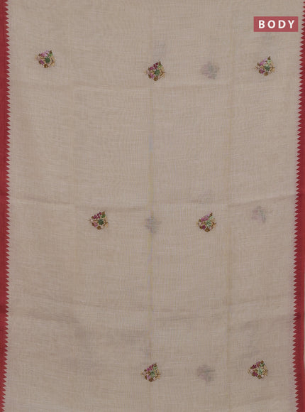 Off White & Rust Linen Saree - Embroidery
