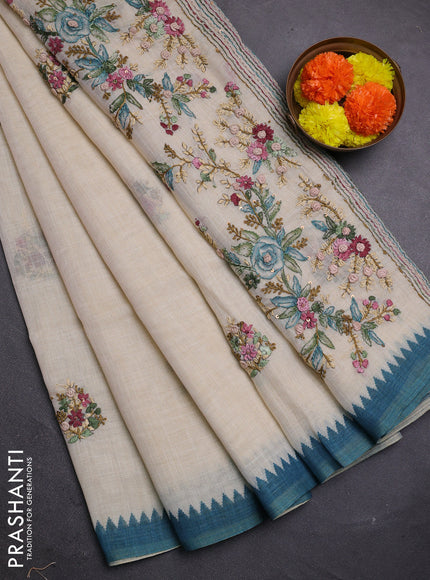 Off White & Teal Blue Linen Saree - Embroidery
