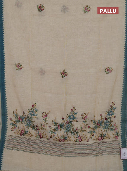 Off White & Teal Blue Linen Saree - Embroidery