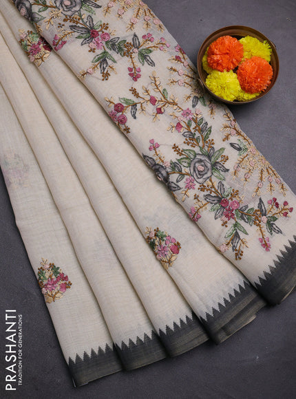 Off White & Green Linen Saree - Embroidery