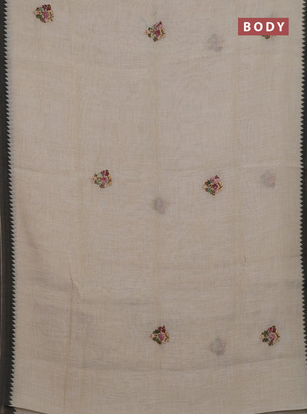 Off White & Green Linen Saree - Embroidery