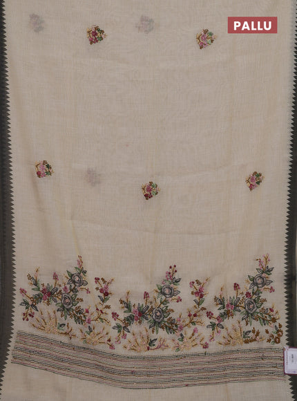 Off White & Green Linen Saree - Embroidery