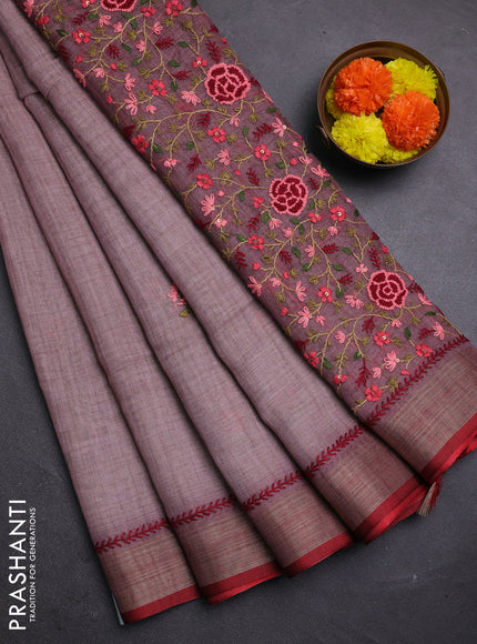 Pastel Pink & Red Linen Saree - Embroidery