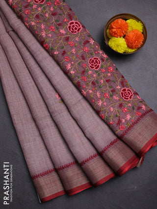 Pastel Pink & Red Linen Saree - Embroidery