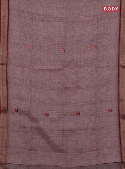 Pastel Pink & Red Linen Saree - Embroidery