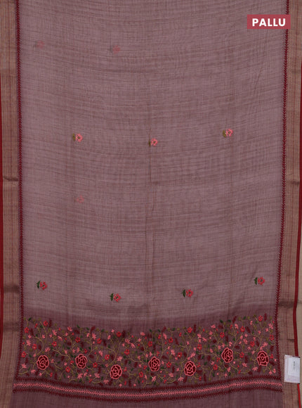 Pastel Pink & Red Linen Saree - Embroidery