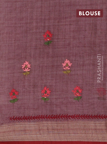 Pastel Pink & Red Linen Saree - Embroidery