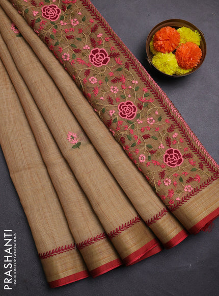 Sandal & Red Linen Saree - Embroidery