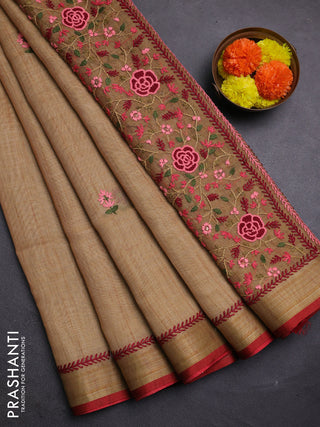 Sandal & Red Linen Saree - Embroidery