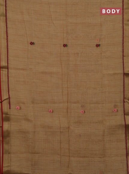 Sandal & Red Linen Saree - Embroidery