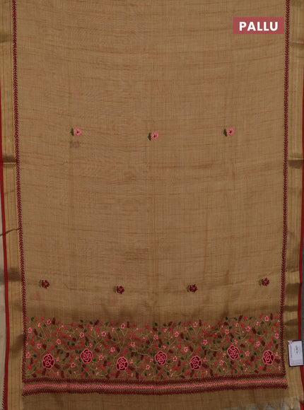 Sandal & Red Linen Saree - Embroidery