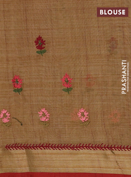 Sandal & Red Linen Saree - Embroidery