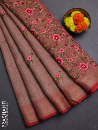 Peach & Red Linen Saree - Embroidery