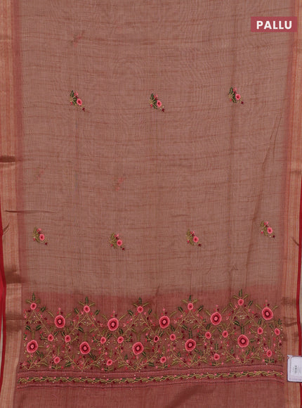 Peach & Red Linen Saree - Embroidery