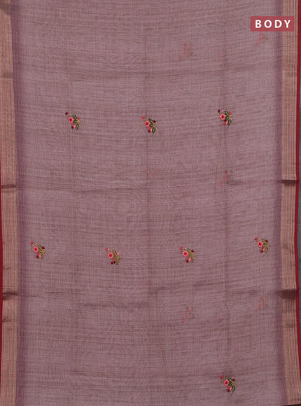 Pastel Pink & Red Linen Saree - Embroidery