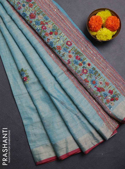 Teal Blue & Red Linen Saree - Embroidery