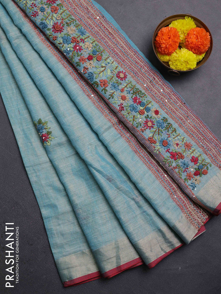 Teal Blue & Red Linen Saree - Embroidery
