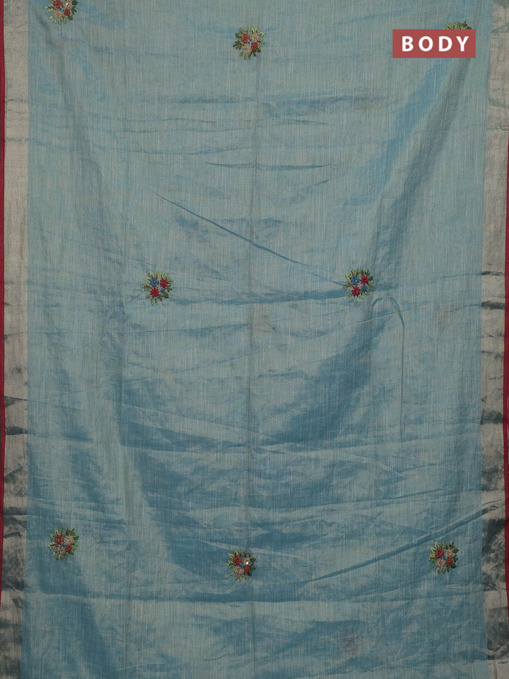 Teal Blue & Red Linen Saree - Embroidery