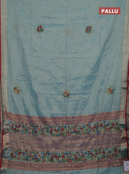 Teal Blue & Red Linen Saree - Embroidery