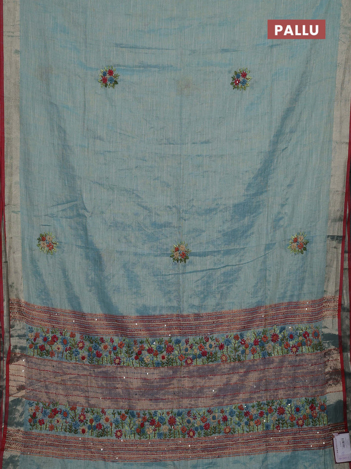 Teal Blue & Red Linen Saree - Embroidery