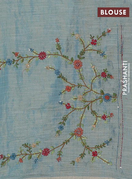 Teal Blue & Red Linen Saree - Embroidery