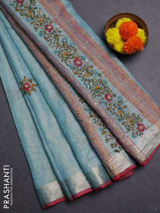 Teal Blue & Red Linen Saree - Embroidery