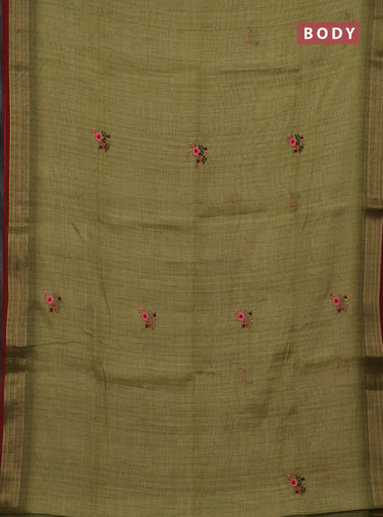 Mehendi Green & Red Linen Saree - Embroidery