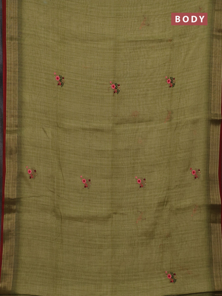 Mehendi Green & Red Linen Saree - Embroidery
