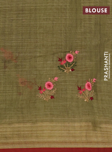 Mehendi Green & Red Linen Saree - Embroidery