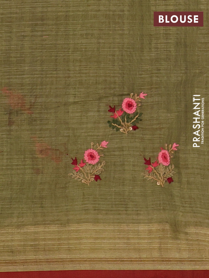 Mehendi Green & Red Linen Saree - Embroidery