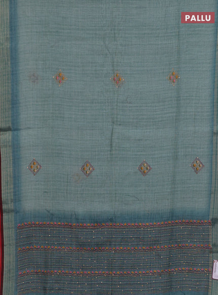 Teal Blue & Red Linen Saree - Embroidery