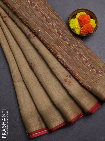 Mustard Yellow & Red Linen Saree - Embroidery