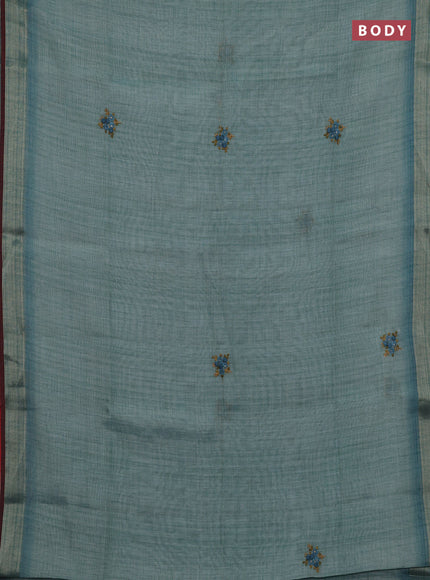 Teal Blue & Red Linen Saree - Embroidery