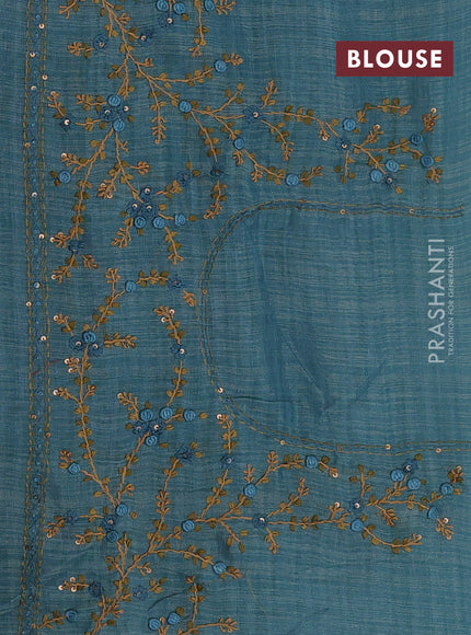 Teal Blue & Red Linen Saree - Embroidery