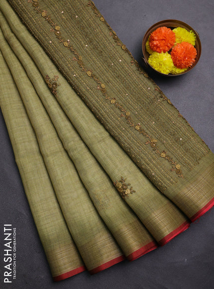 Mehendi Green & Red Linen Saree - Embroidery
