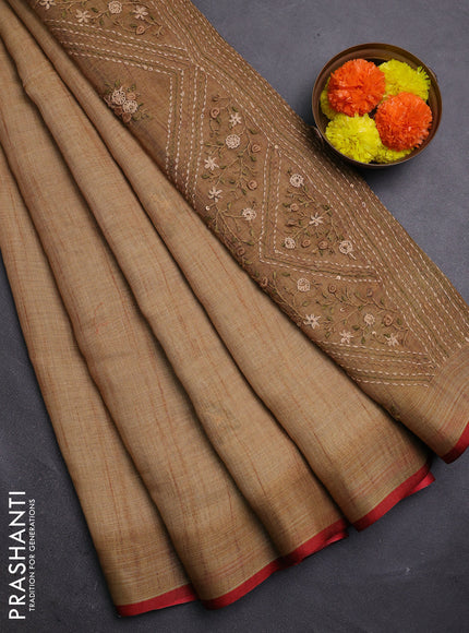 Sandal & Red Linen Saree - Embroidery
