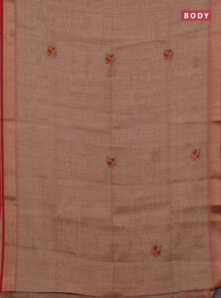 Peach Orange & Red Linen Saree - Embroidery