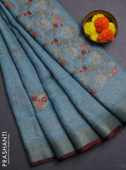 Pastel Blue & Red Linen Saree - Embroidery