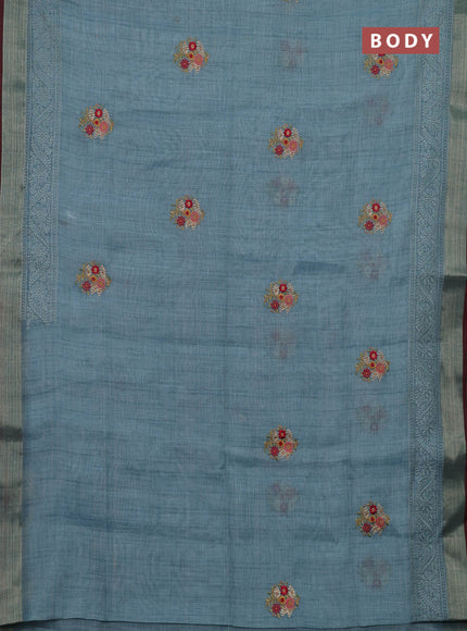 Pastel Blue & Red Linen Saree - Embroidery