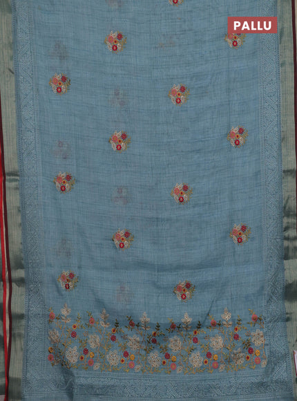 Pastel Blue & Red Linen Saree - Embroidery