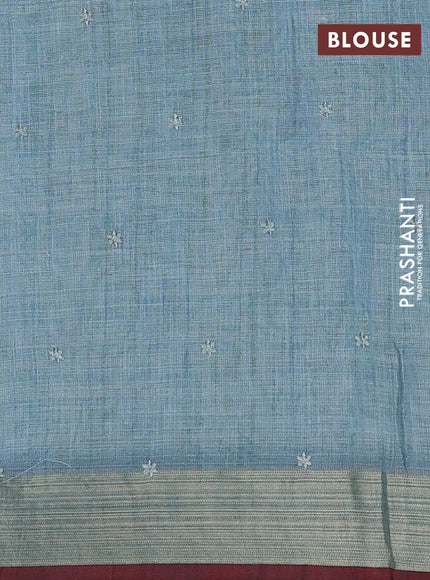 Pastel Blue & Red Linen Saree - Embroidery