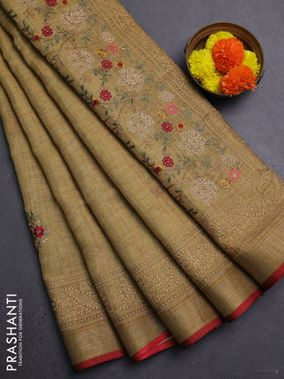 Mustard Yellow & Red Linen Saree - Embroidery