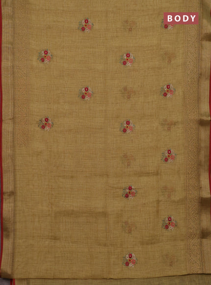 Mustard Yellow & Red Linen Saree - Embroidery