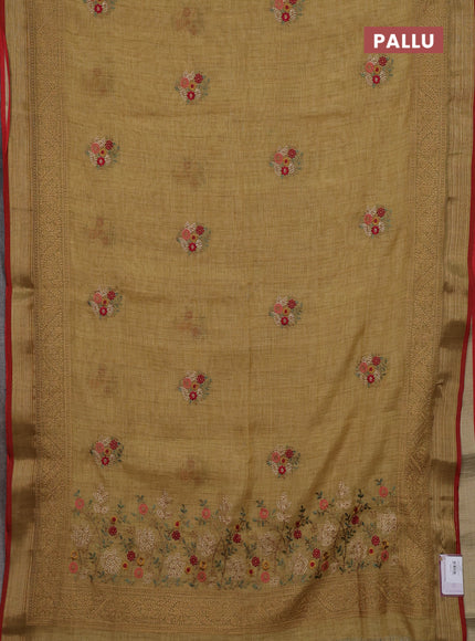 Mustard Yellow & Red Linen Saree - Embroidery