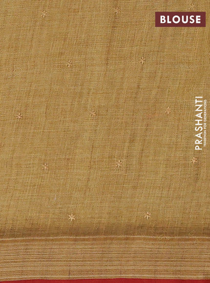 Mustard Yellow & Red Linen Saree - Embroidery