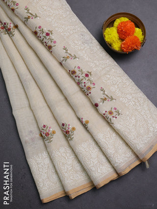 Off White & Magenta Pink Linen Saree - Embroidery