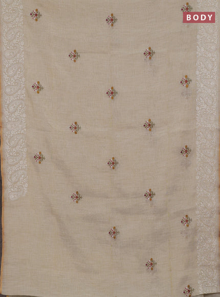 Off White & Magenta Pink Linen Saree - Embroidery