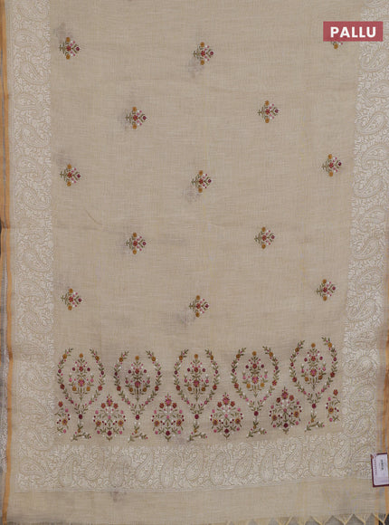 Off White & Magenta Pink Linen Saree - Embroidery