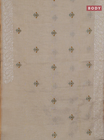 Off White & Teal Green Linen Saree - Embroidery
